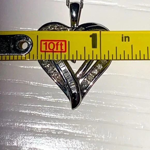 10K White Gold SUN Diamond Double Heart Necklace 18" Chain - Picture 7 of 16